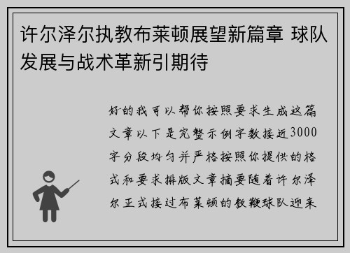 许尔泽尔执教布莱顿展望新篇章 球队发展与战术革新引期待