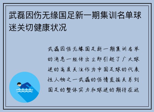 武磊因伤无缘国足新一期集训名单球迷关切健康状况 武磊因伤无缘国足新一期集训名单球迷关切健康状况