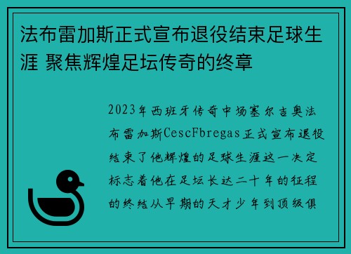 法布雷加斯正式宣布退役结束足球生涯 聚焦辉煌足坛传奇的终章