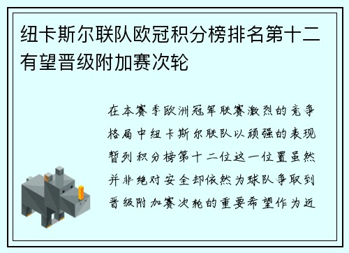 纽卡斯尔联队欧冠积分榜排名第十二有望晋级附加赛次轮 纽卡斯尔联队欧冠积分榜排名第十二有望晋级附加赛次轮